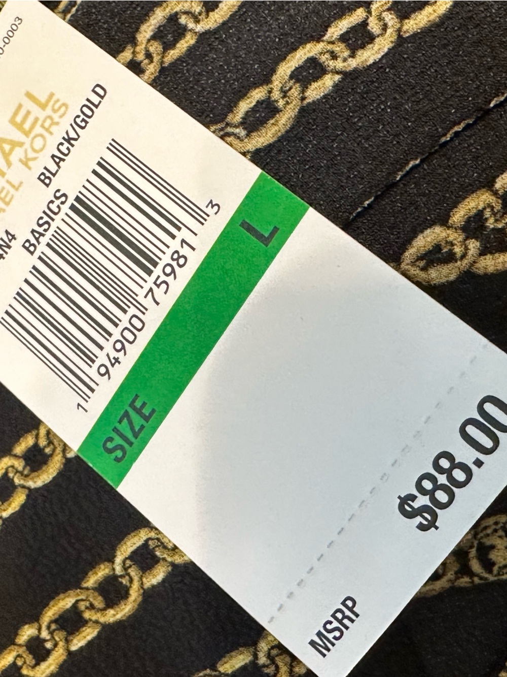 NWT Michael Kors Chain Print Blouse Large Black Gold 3/4 Sleeve Split Neck Top - Picture 8 of 9
